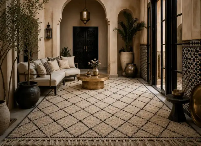 Salon marocain contemporain avec tapis berbère TAZZRA