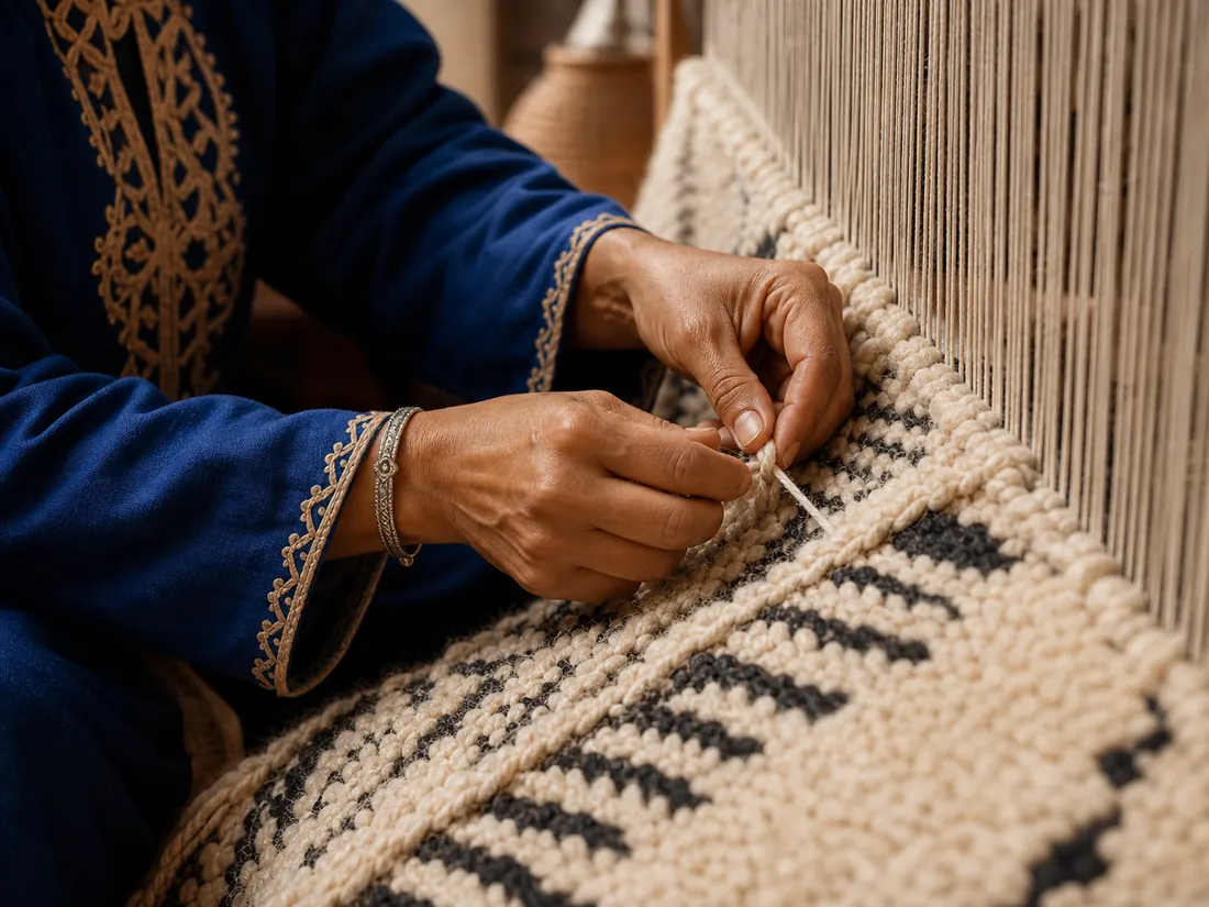 Artisane marocaine nouant un tapis berbère fait main pour TAZZRA Marrakech