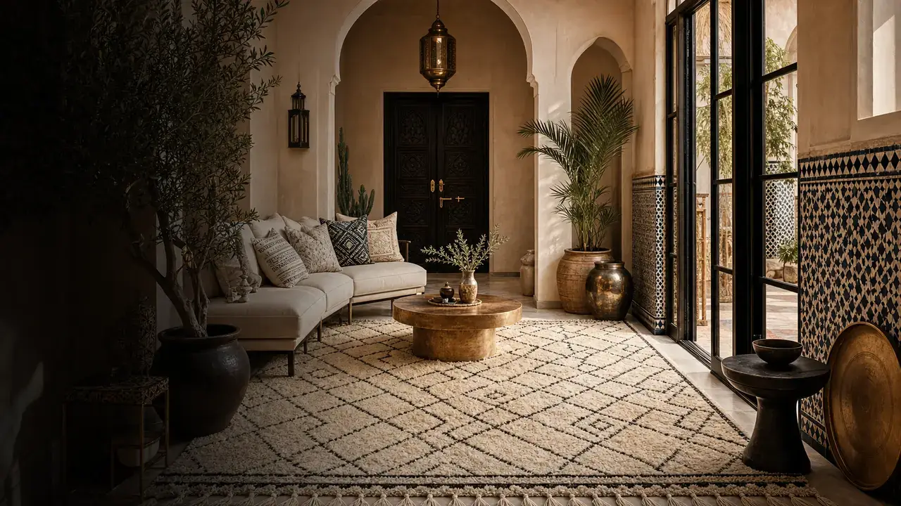 Salon de riad à Marrakech avec tapis marocain fait main TAZZRA Salon de riad à Marrakech avec tapis marocain fait main TAZZRA